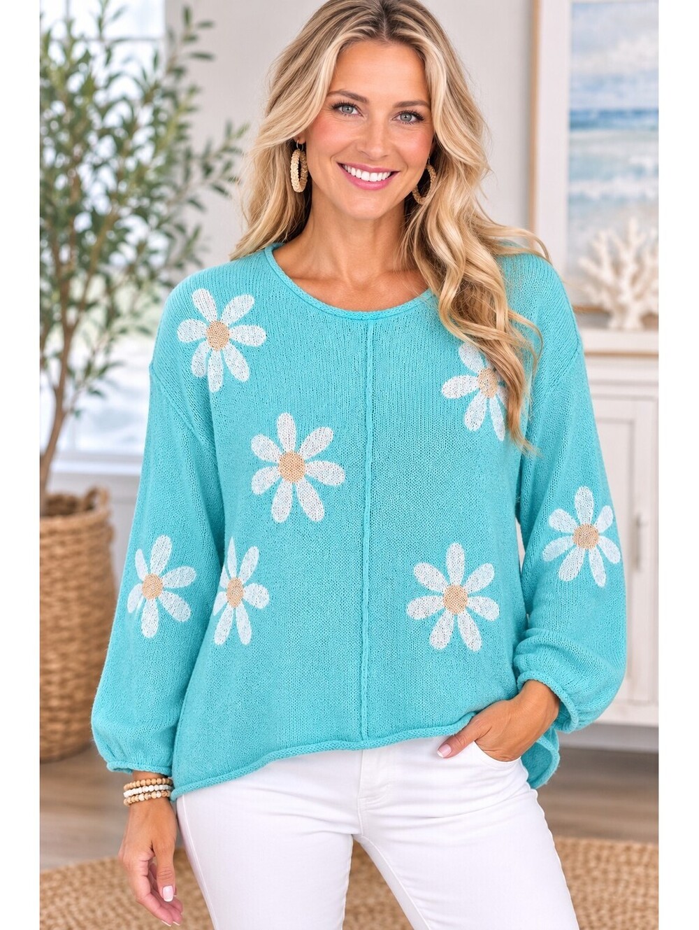 Pol Summer Daisy Floral Lightweight Sweater Woman's Med Teal Round Neck Boho